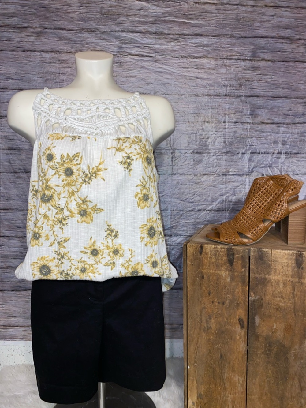 Maurices White Crochet Yoke Tank with Yellow Floral Print